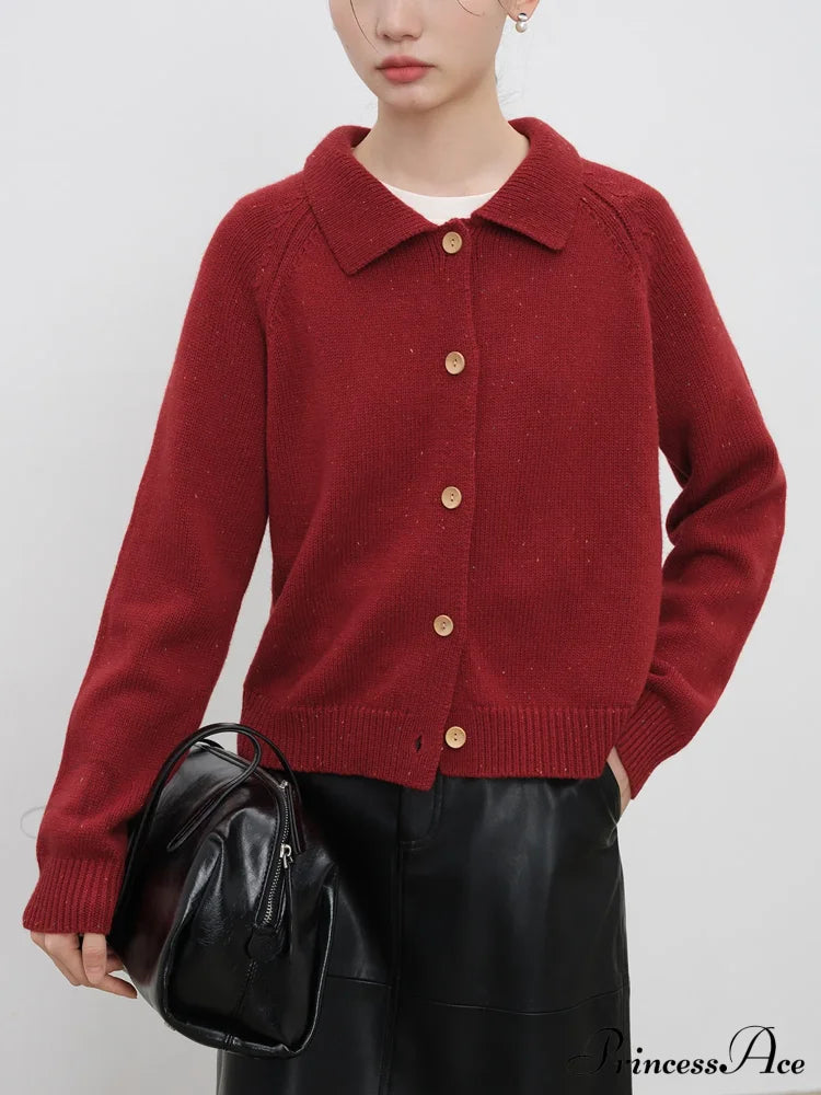 Petite Retro Lapel Knit Cardigan for Early Autumn Red Christmas Sweater