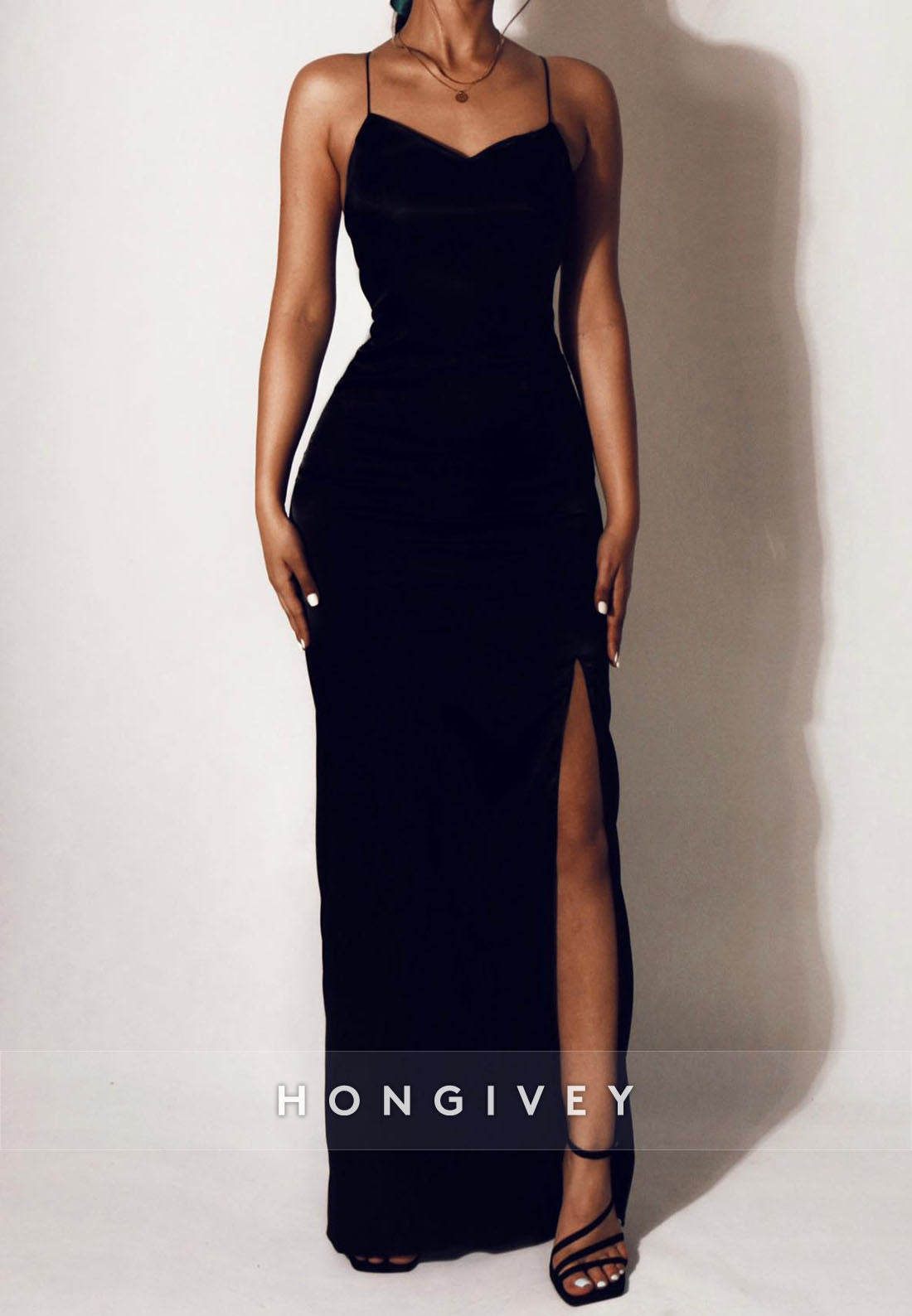 Crisscross Back Simple High Slit Spaghetti Straps Sleeveless Column Evening Gown