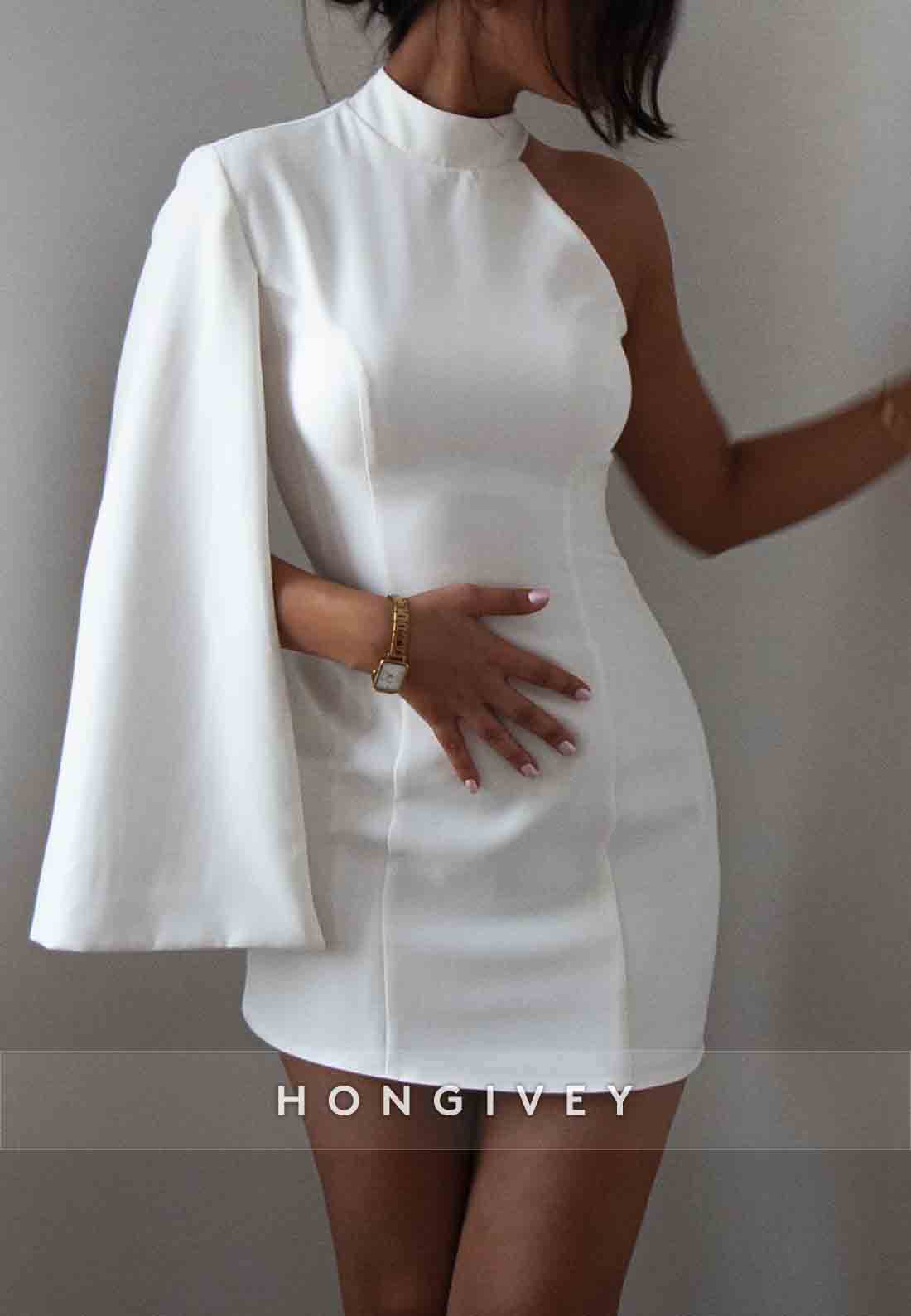 One Shoulder High Neck Sheath Simple Pleated Mini Homecoming Dresses