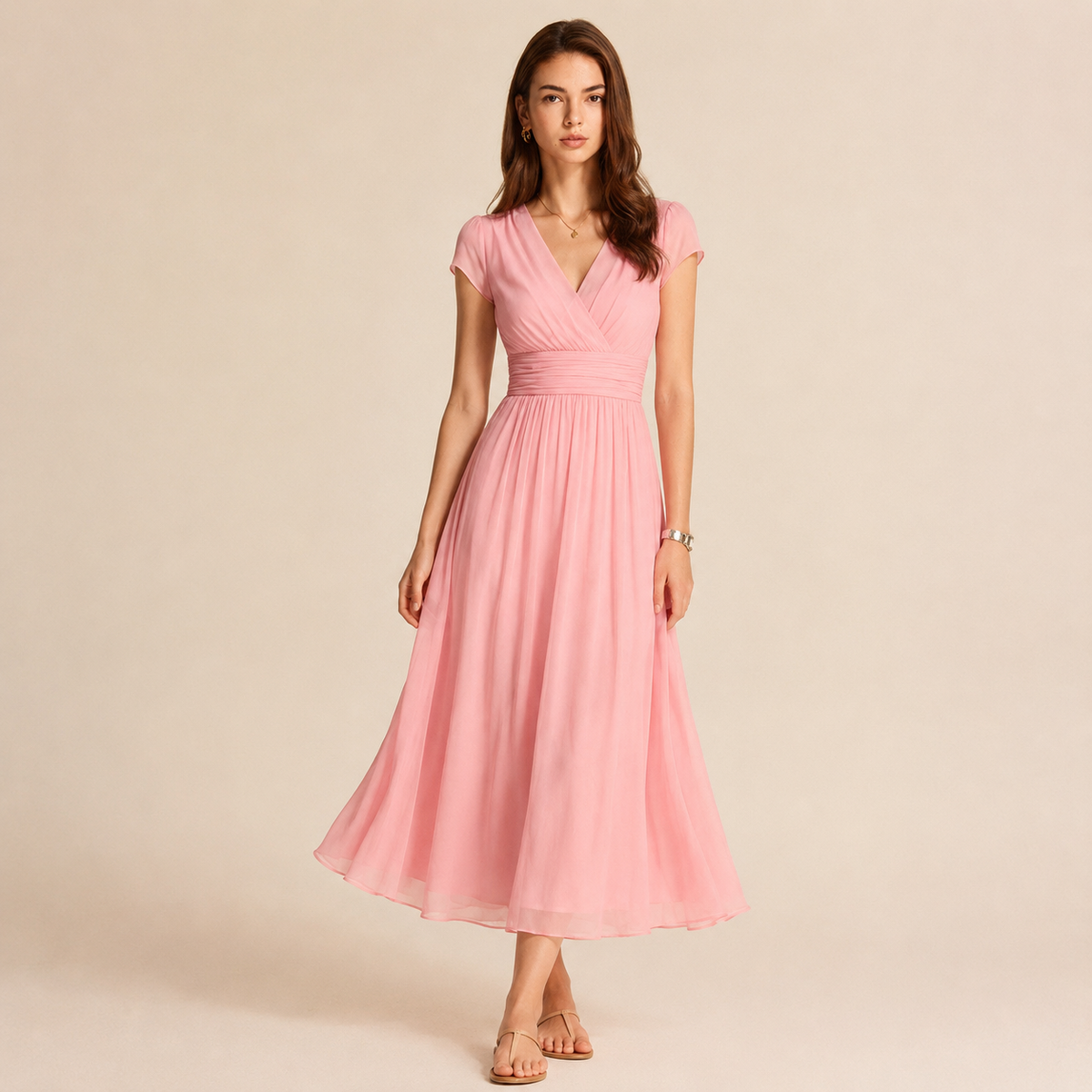V-Neck Cap Sleeve Ruched Waist Chiffon Midi Dress 4