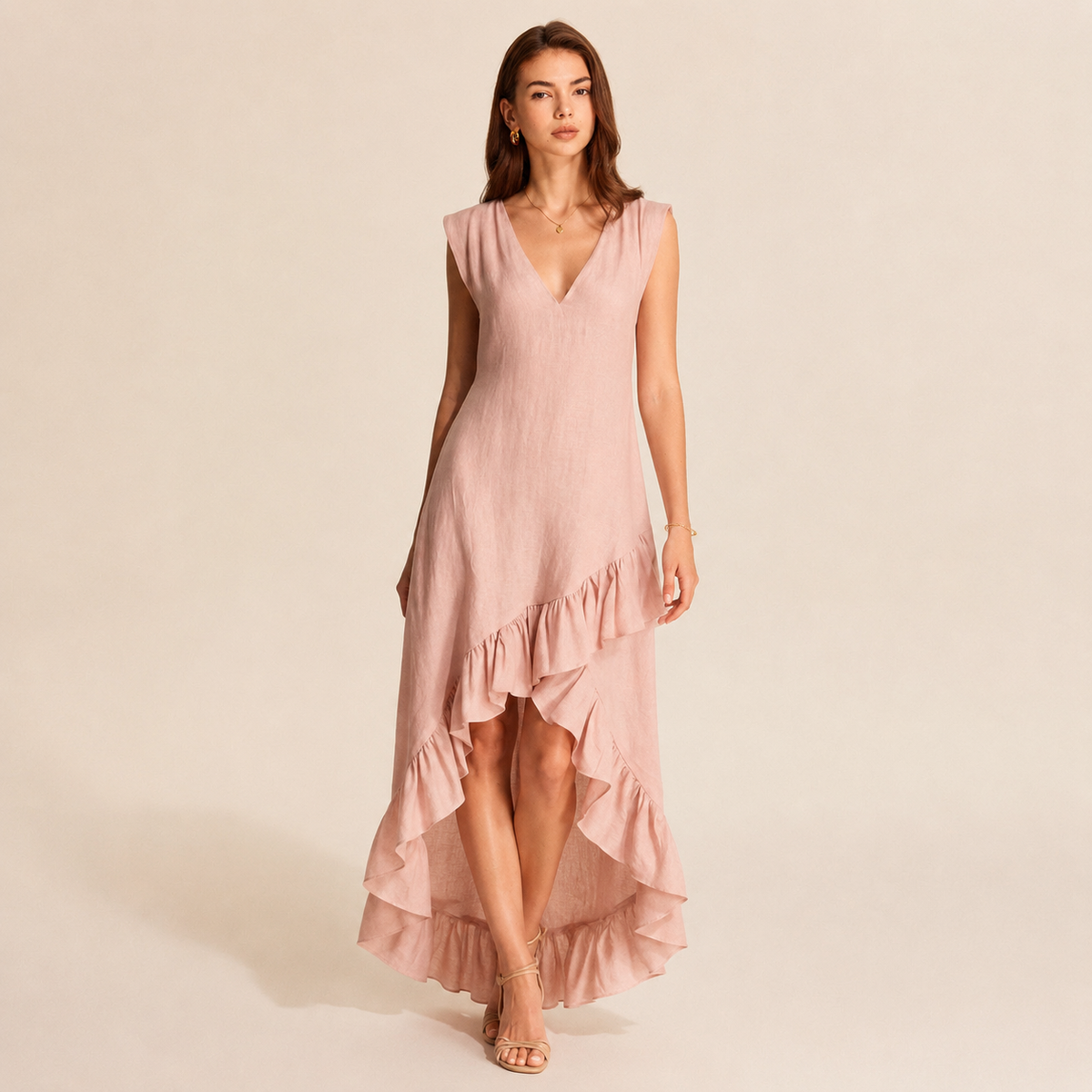 Linen Look V-Neck Ruffle High Low Midi Dress 4