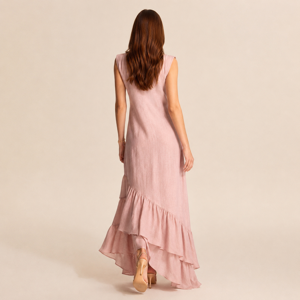 Linen Look V-Neck Ruffle High Low Midi Dress 6