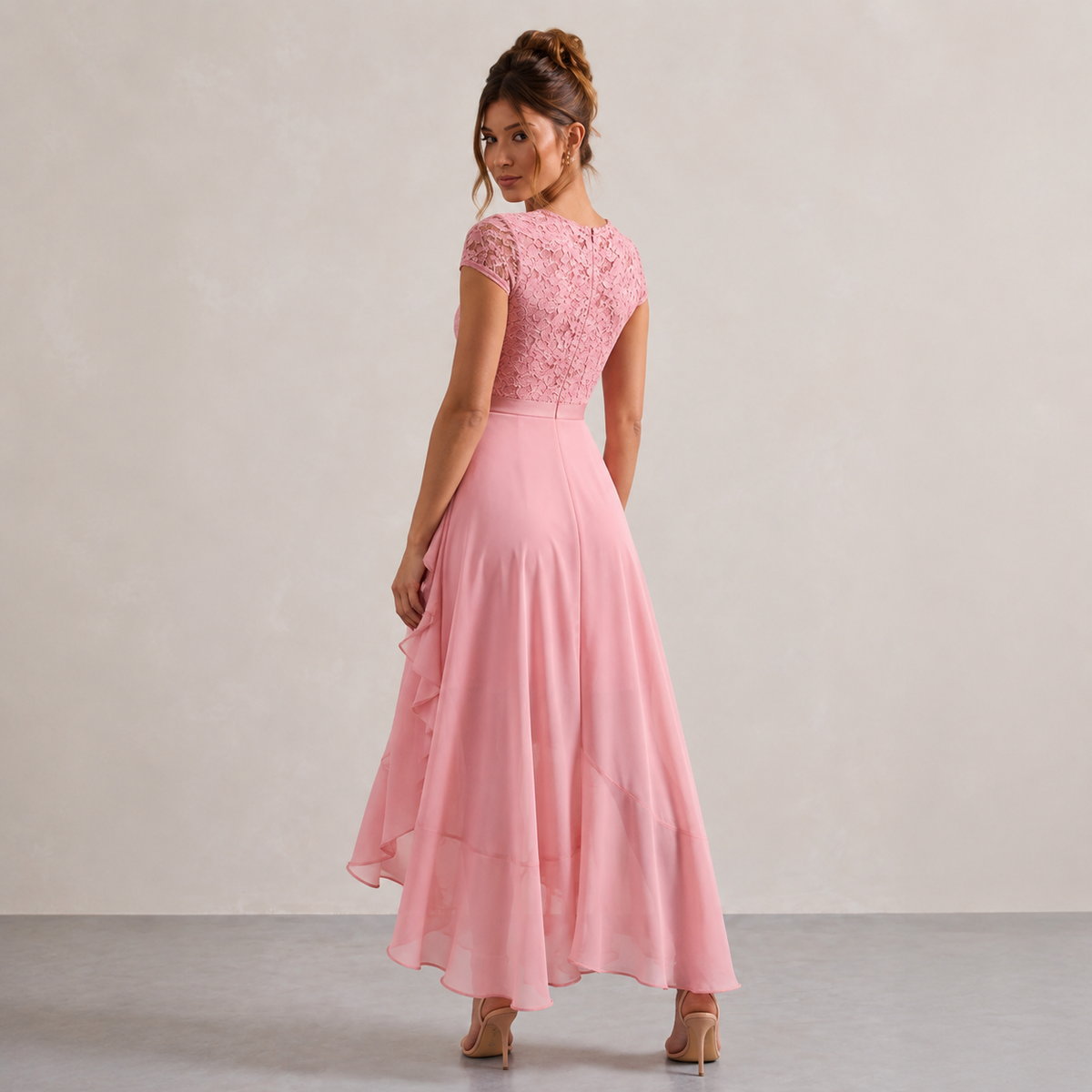 V-Neck Cap Sleeve Lace Bodice Ruffle High Low Midi Dress 15
