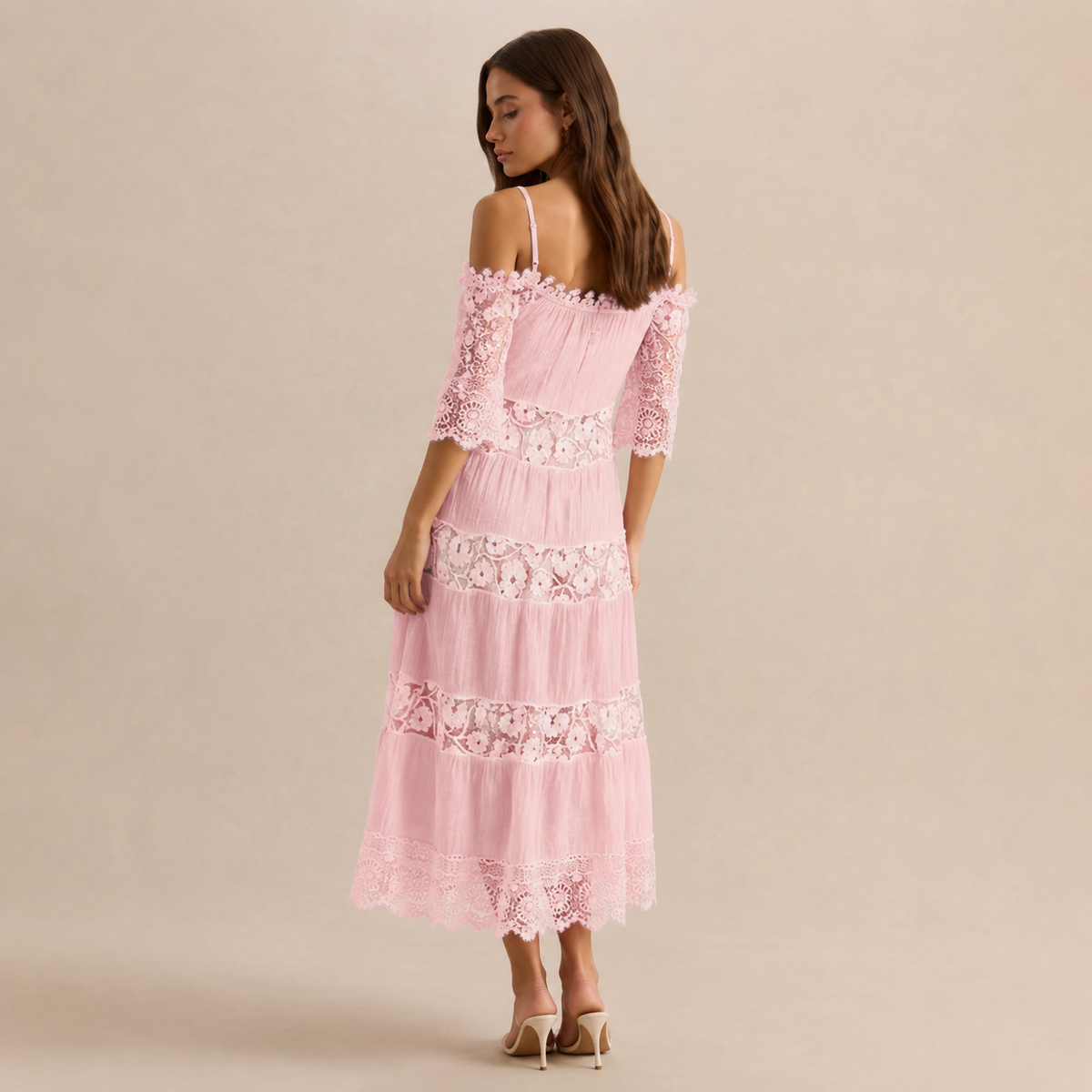 Off Shoulder Crochet Lace Trim Tiered Midi Dress 12