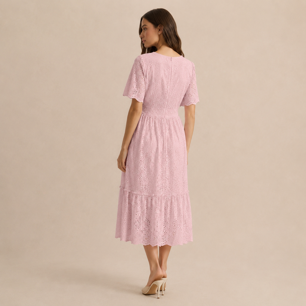 Round Neck Puff Sleeve Eyelet Tiered Midi Dress 15