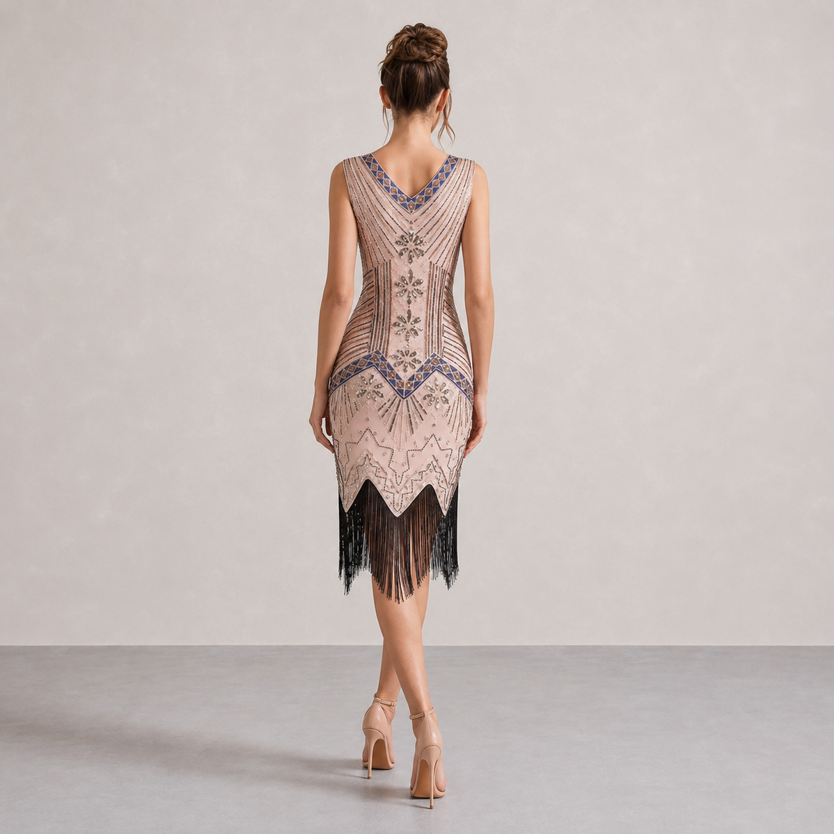 V-Neck Beaded Fringe Sleeveless Flapper Midi Dress 11