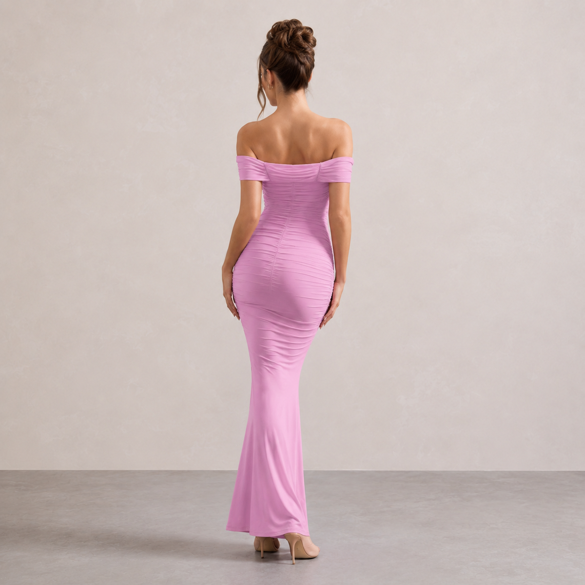 Off Shoulder Ruched Fishtail Maxi Gown 15
