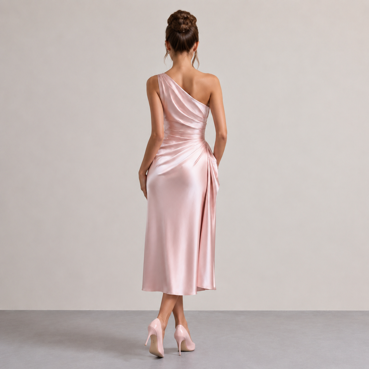 One Shoulder Ruched Draped Satin Midi Dress 3