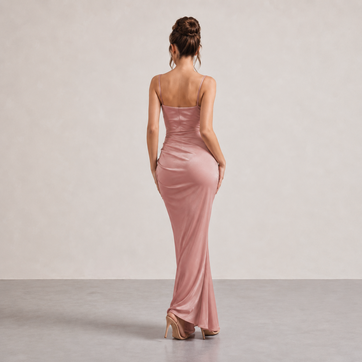 Cowl Neck Satin Ruched Split Midi Dress 12