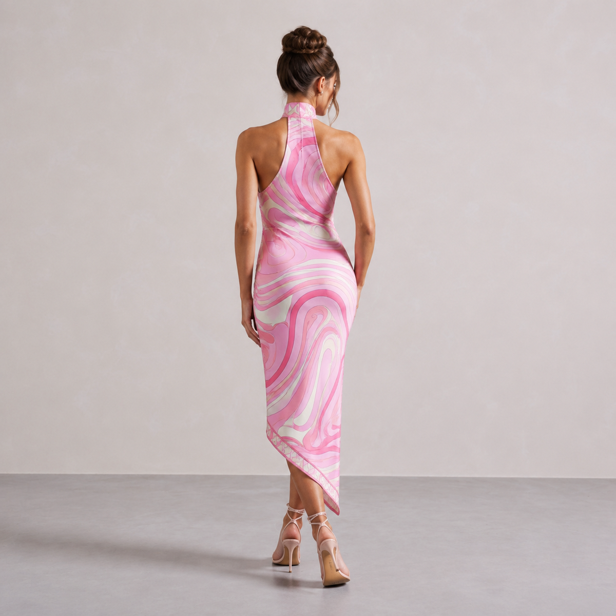 Abstract Print Halter Neck Handkerchief Hem Satin Midi Dress 6
