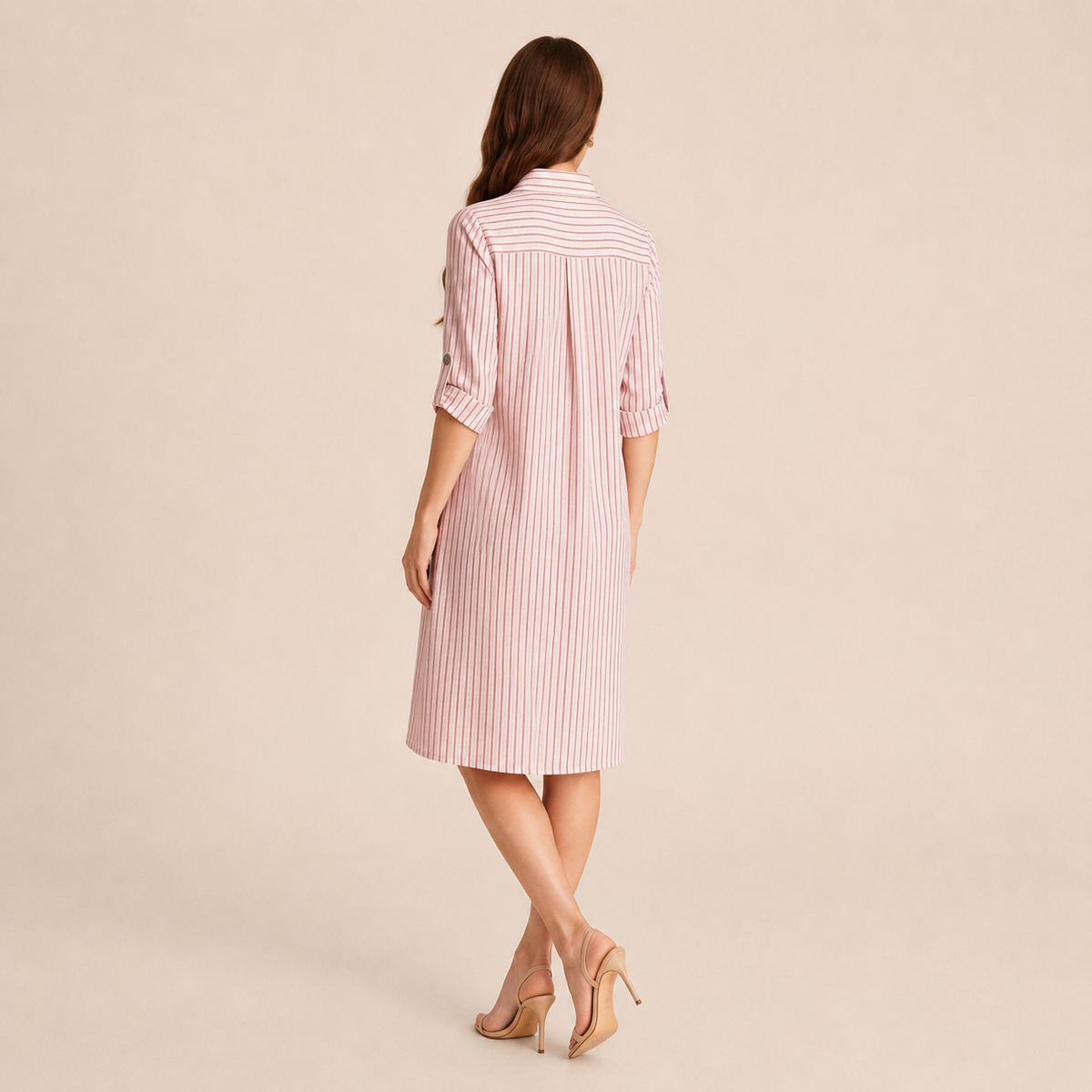 Striped Collared Roll Sleeve Button Front Shirt Dress 9