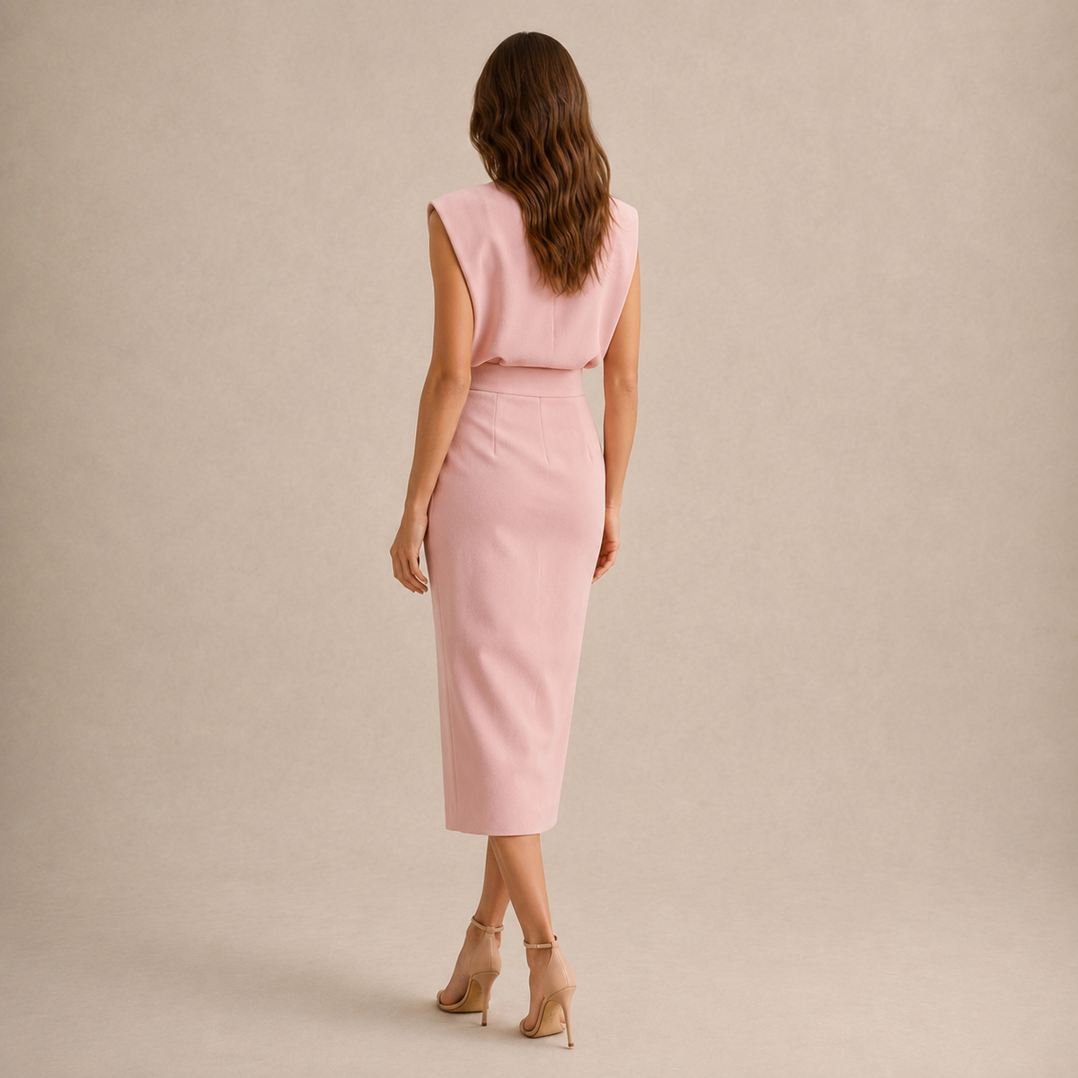 Round Neck Shoulder Pad Button Front Split Midi Dress 6