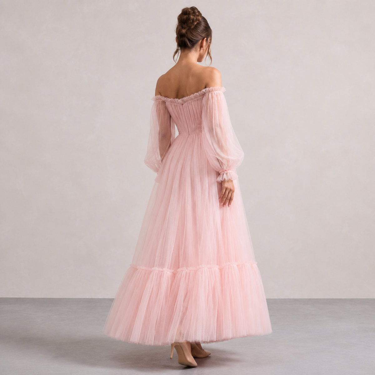 Off Shoulder Bishop Sleeve Floral Applique Tiered Tulle Gown 3