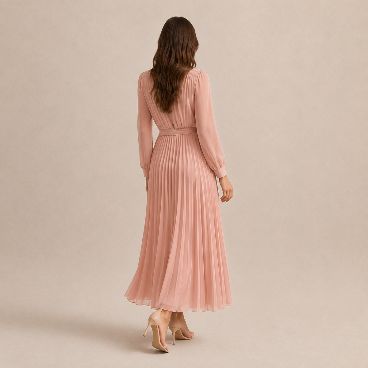 Band Collar Button Front Belted Pleated Shirt Maxi Dress 15