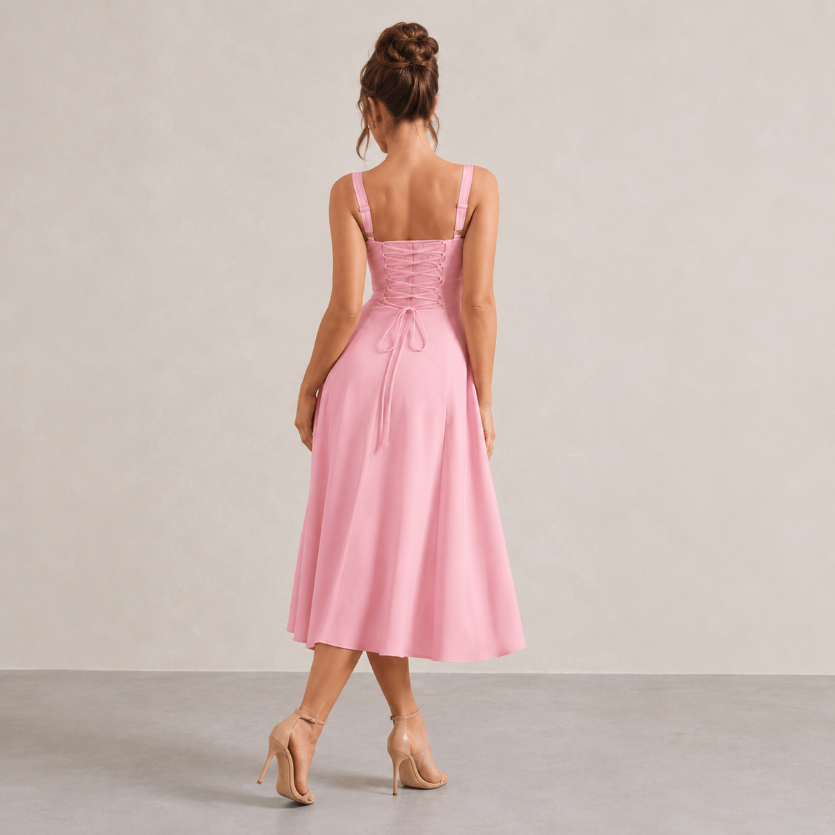 Square Neck Tie Front Corset Fit and Flare Midi Dress 18
