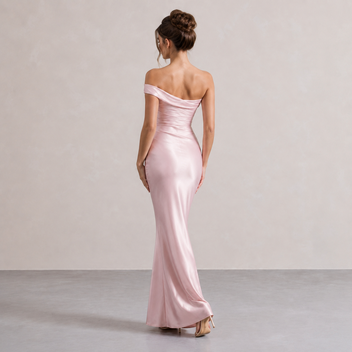 Off Shoulder Ruched Satin Fishtail Maxi Gown 6