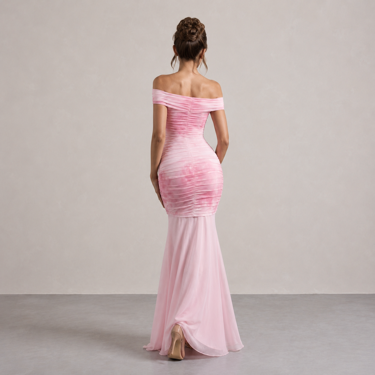 Marble Print Off Shoulder Ruched Fishtail Maxi Dress 3