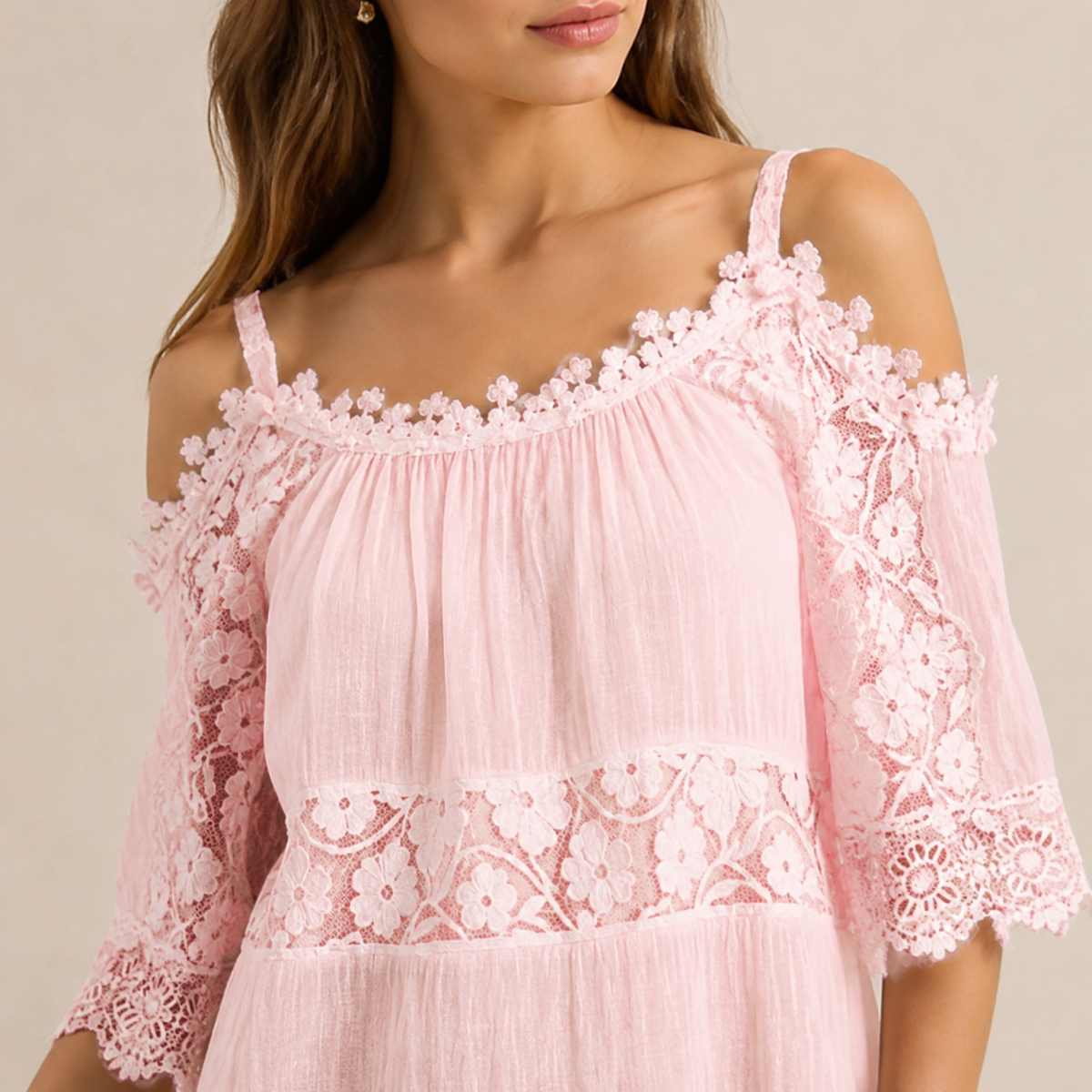 Off Shoulder Crochet Lace Trim Tiered Midi Dress 11