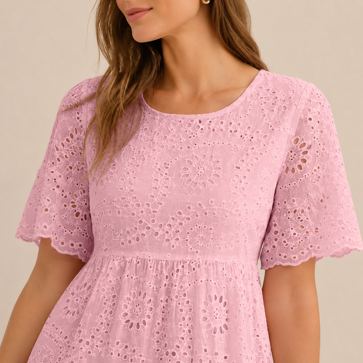Round Neck Puff Sleeve Eyelet Tiered Midi Dress 14