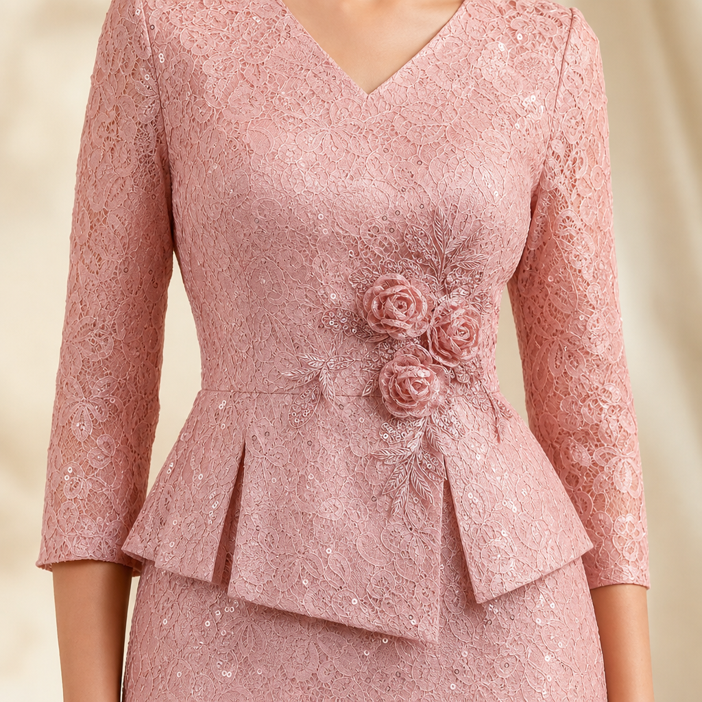 V-Neck Lace Peplum Floral Applique Midi Dress 2