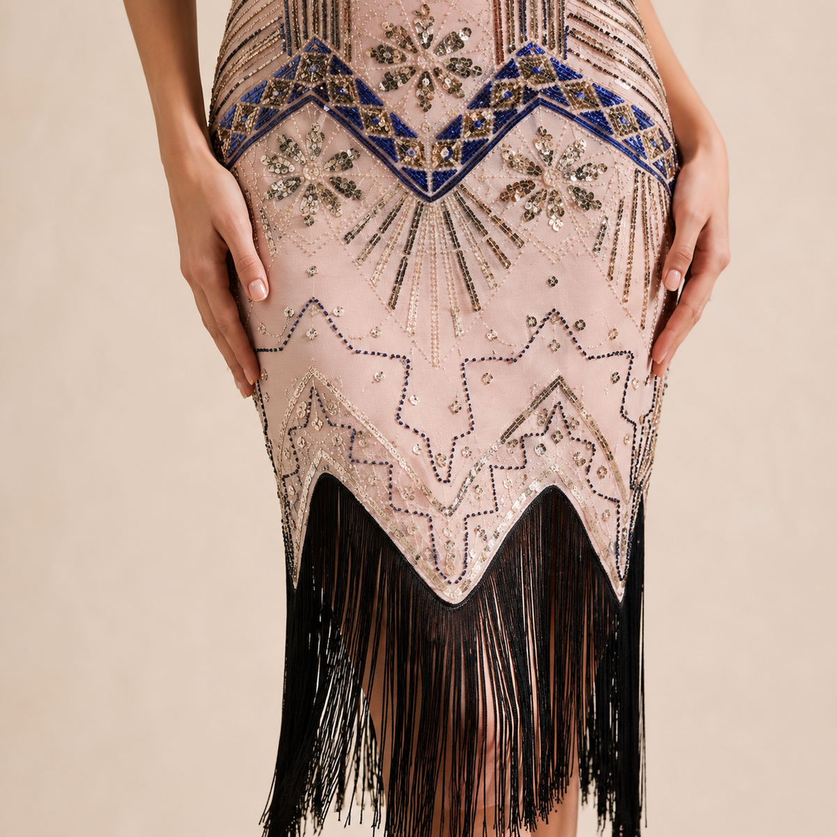 V-Neck Beaded Fringe Sleeveless Flapper Midi Dress 10