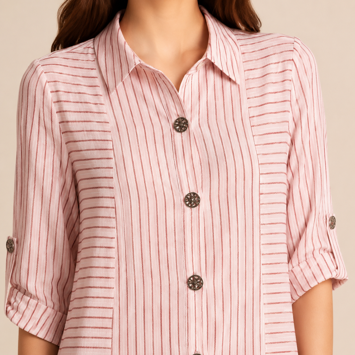 Striped Collared Roll Sleeve Button Front Shirt Dress 8