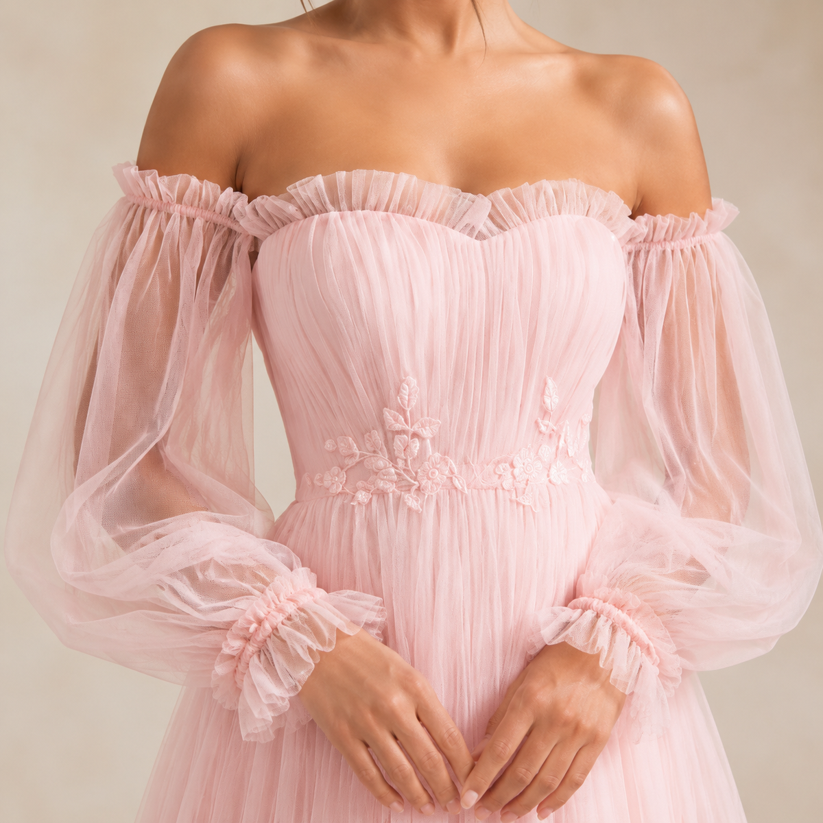 Off Shoulder Bishop Sleeve Floral Applique Tiered Tulle Gown 2