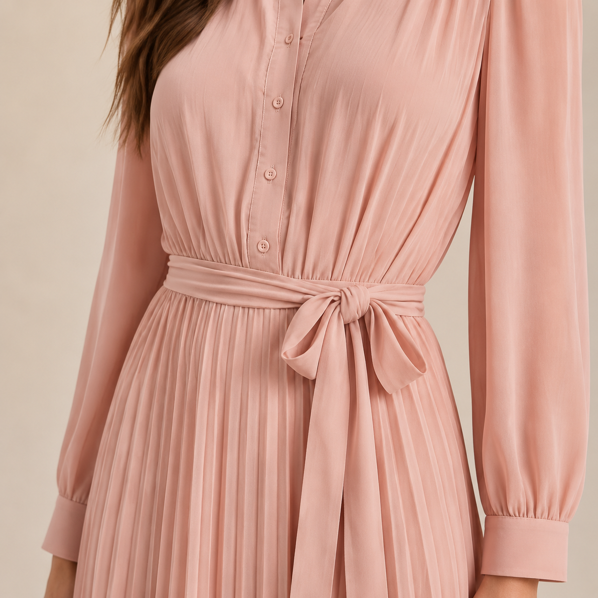Band Collar Button Front Belted Pleated Shirt Maxi Dress 14