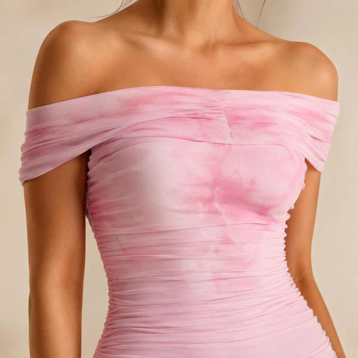 Marble Print Off Shoulder Ruched Fishtail Maxi Dress 2