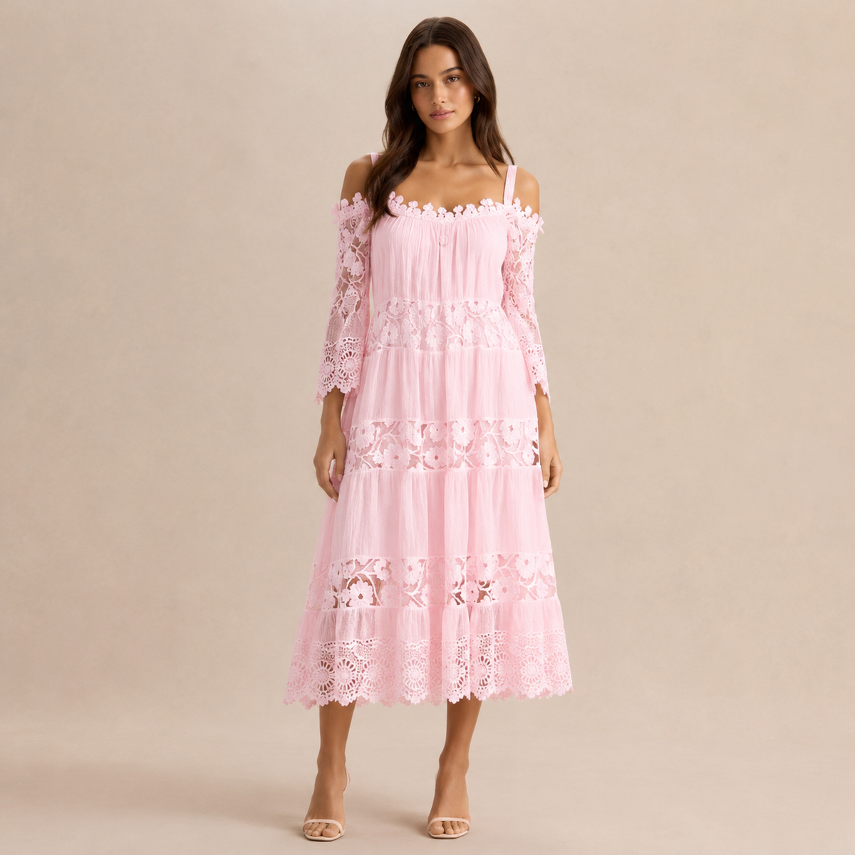 Off Shoulder Crochet Lace Trim Tiered Midi Dress 10