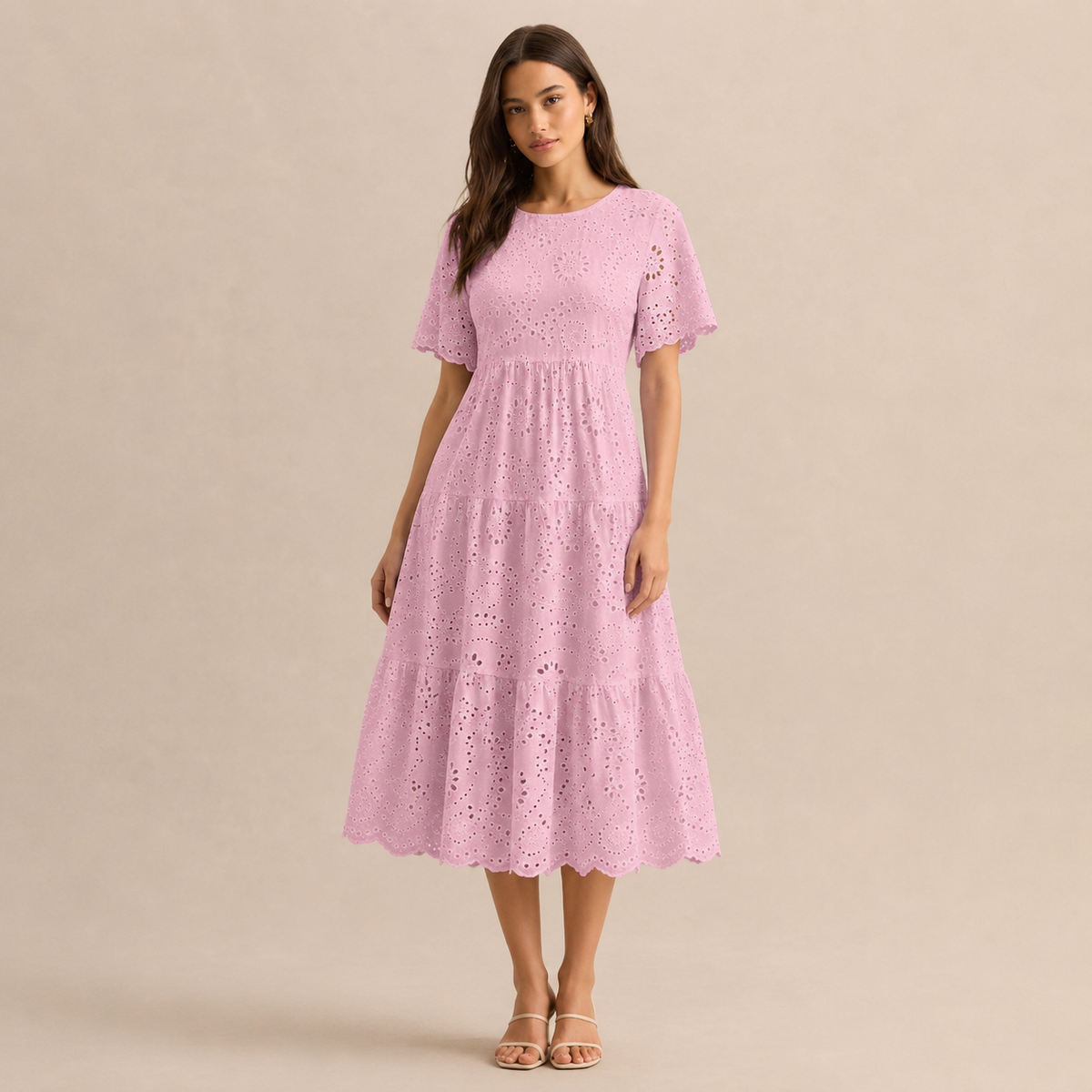 Round Neck Puff Sleeve Eyelet Tiered Midi Dress 13