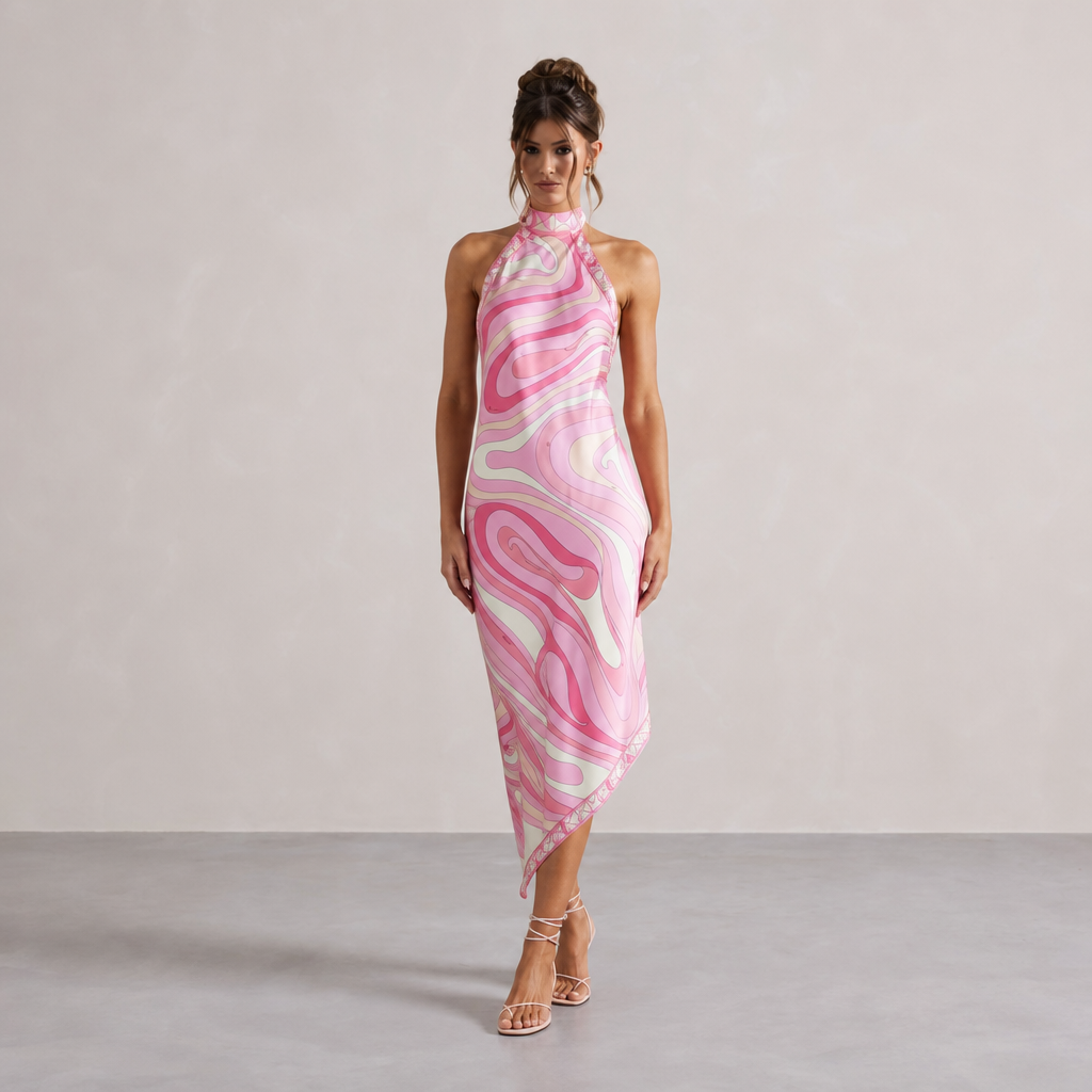 Abstract Print Halter Neck Handkerchief Hem Satin Midi Dress 4