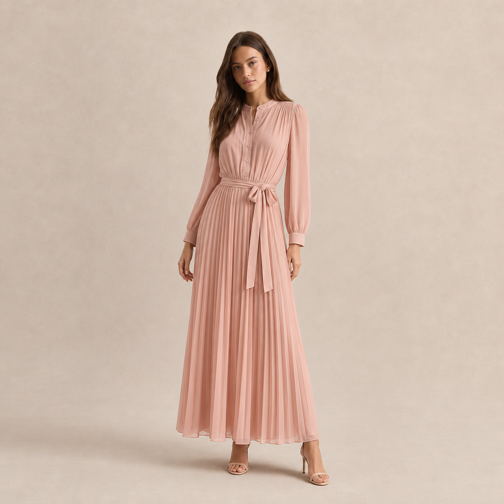 Band Collar Button Front Belted Pleated Shirt Maxi Dress 13