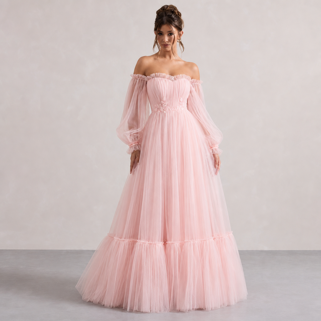 Off Shoulder Bishop Sleeve Floral Applique Tiered Tulle Gown