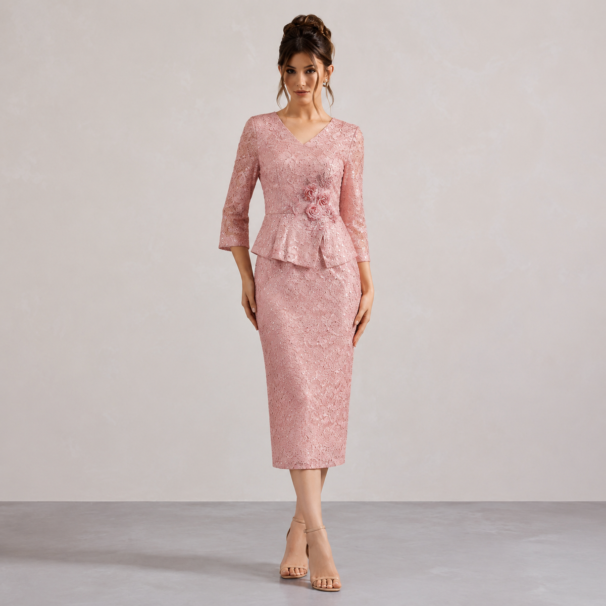 V-Neck Lace Peplum Floral Applique Midi Dress