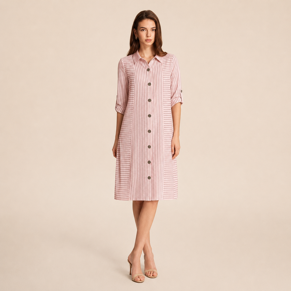 Striped Collared Roll Sleeve Button Front Shirt Dress 7