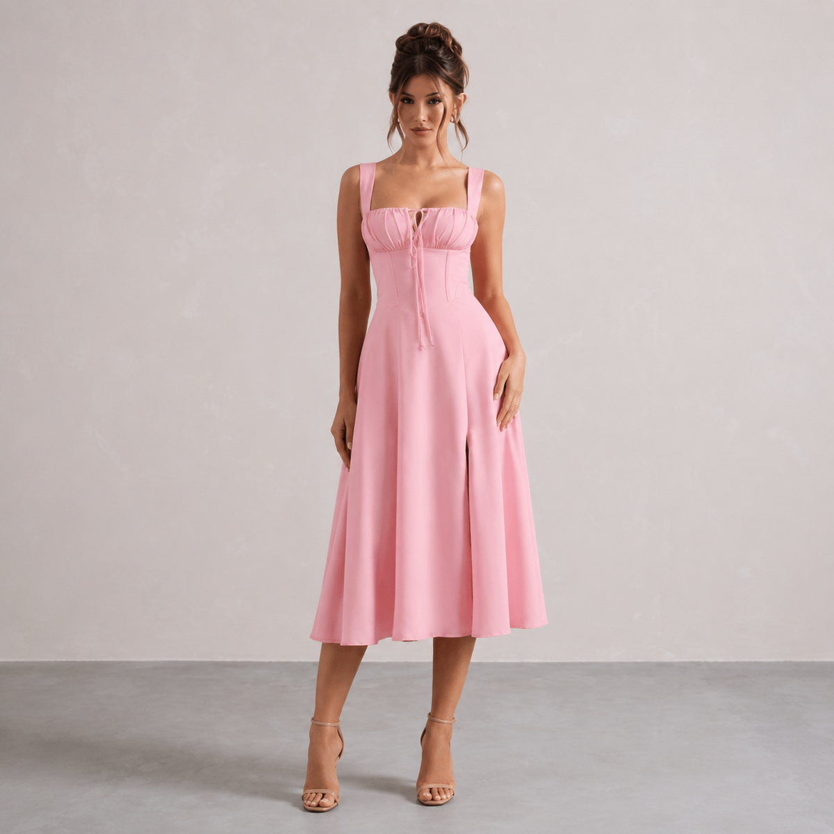 Square Neck Tie Front Corset Fit and Flare Midi Dress 16