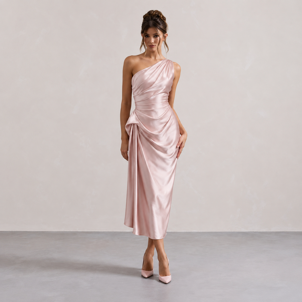 One Shoulder Ruched Draped Satin Midi Dress