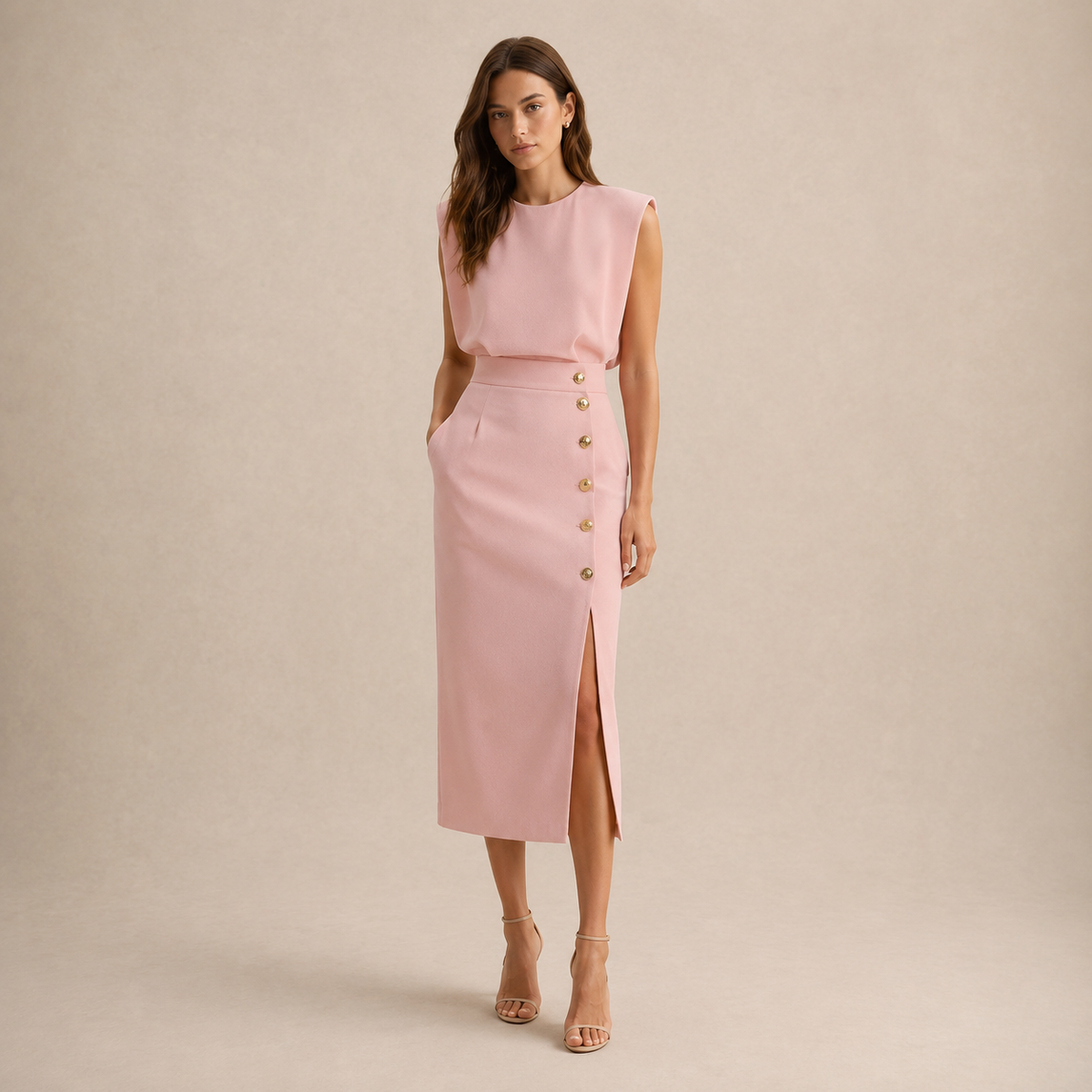 Round Neck Shoulder Pad Button Front Split Midi Dress 4