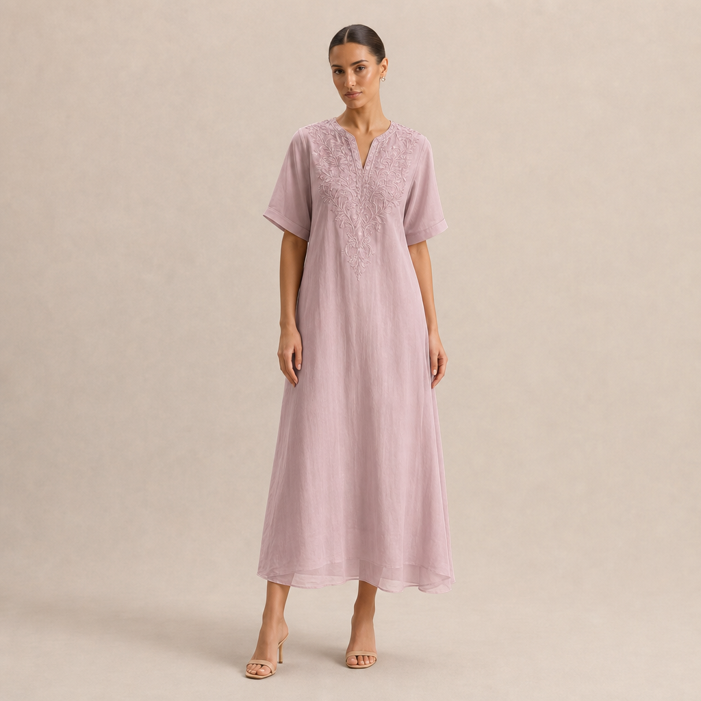 Embroidered Split Neck Short Sleeve Kaftan Midi Dress 7
