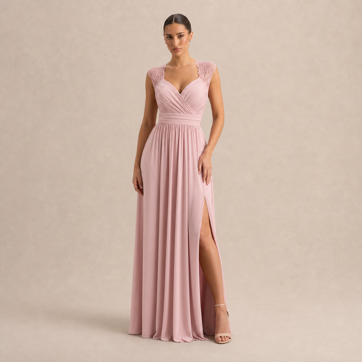 Sweetheart Cap Sleeve High Split Chiffon Maxi Gown 13