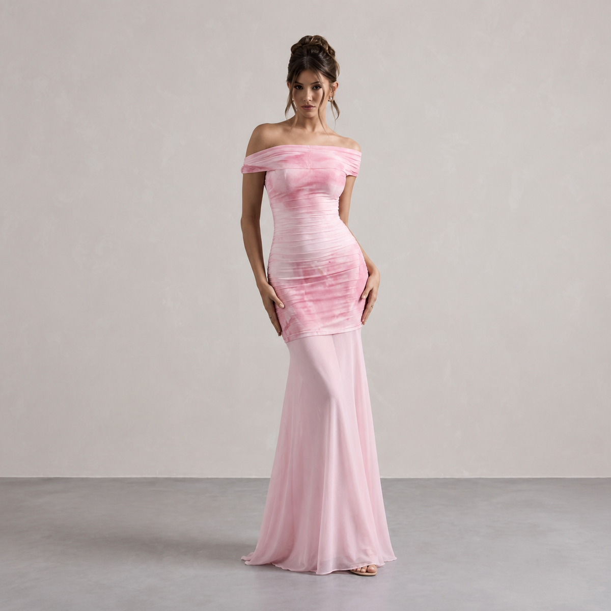 Marble Print Off Shoulder Ruched Fishtail Maxi Dress