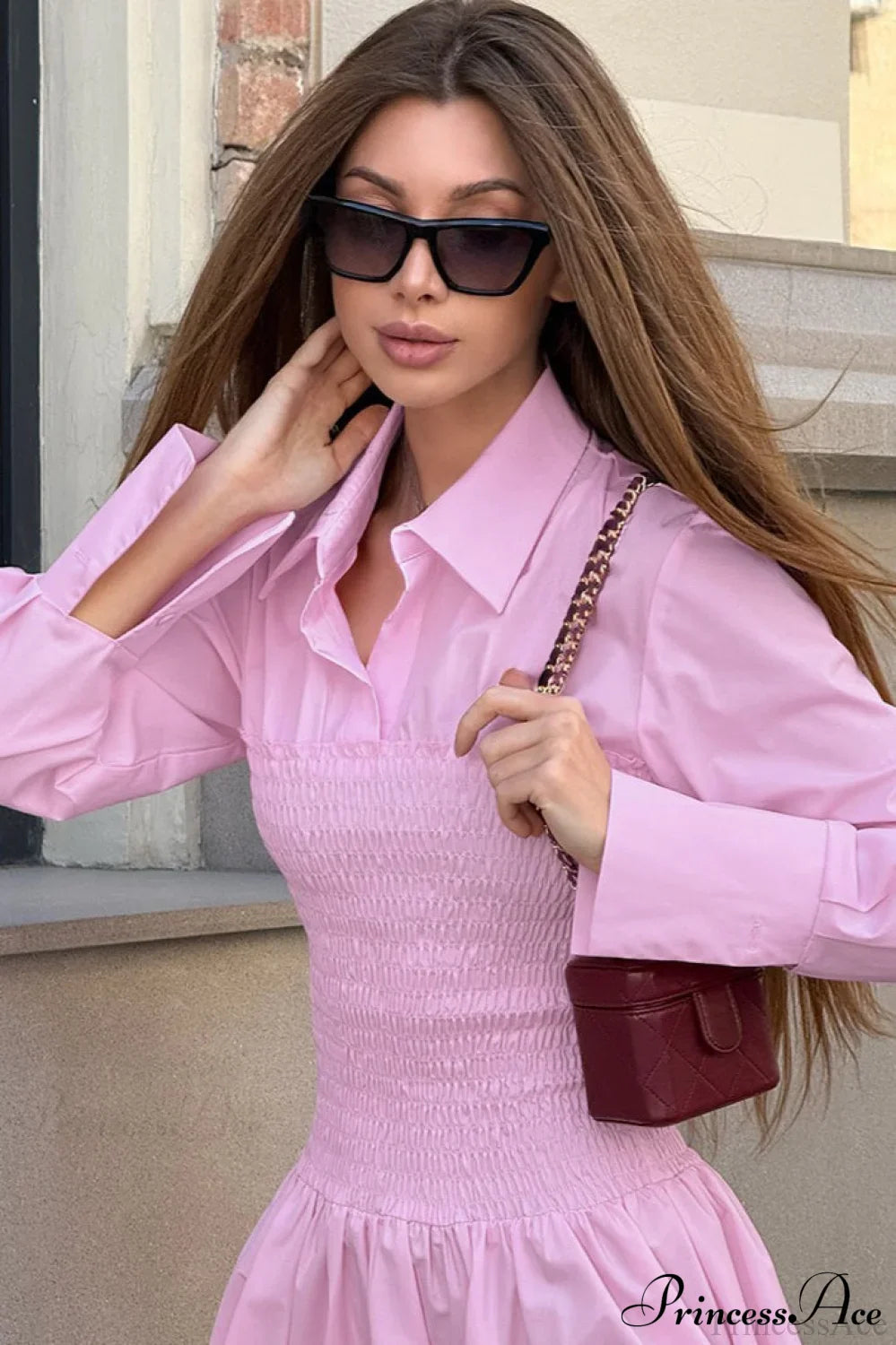 Pink Collared Shirt High Waist Mini Dress