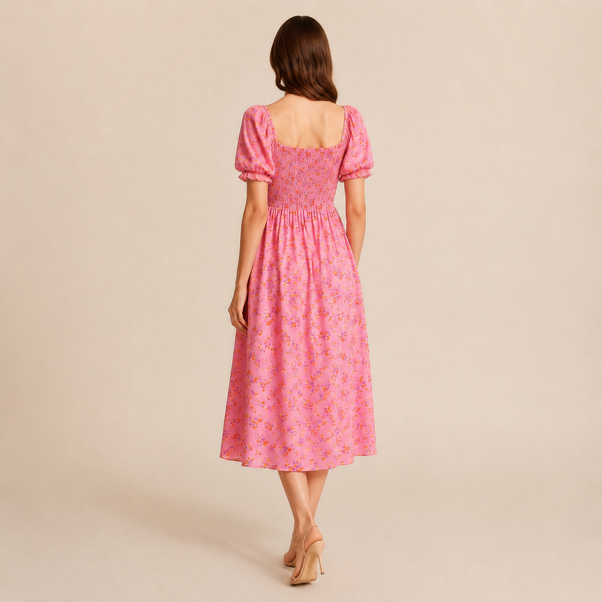 Floral Square Neck Puff Sleeve Smocked High Split Midi Dress 19