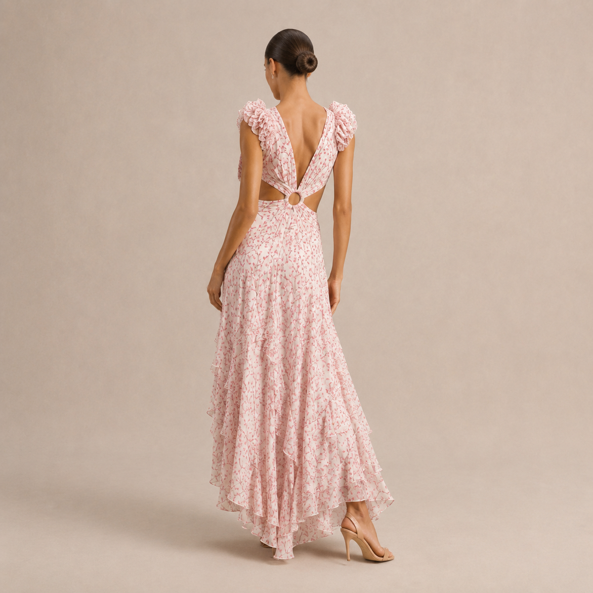 Plunge Ruffle Strap Cut Out Floral High Low Maxi Dress 3