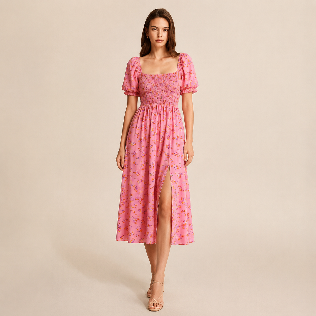 Floral Square Neck Puff Sleeve Smocked High Split Midi Dress 17