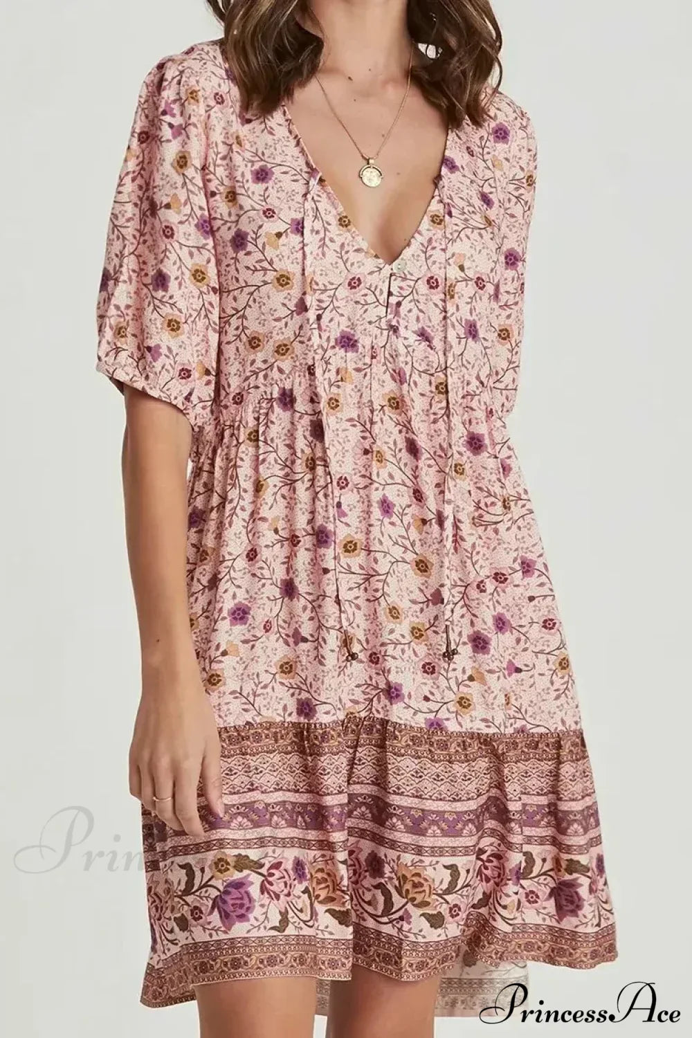 Pink Floral Print Robe A-line Mini Dress Women Beach Boho Summer Dress
