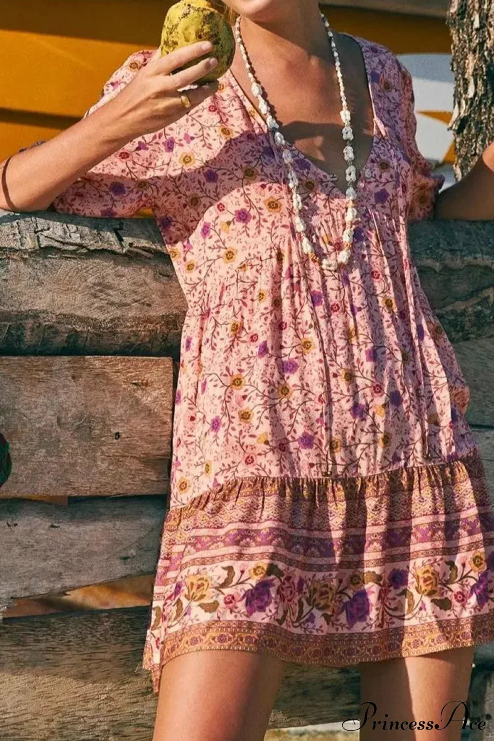 Pink Floral Print Robe A-line Mini Dress Women Beach Boho Summer Dress