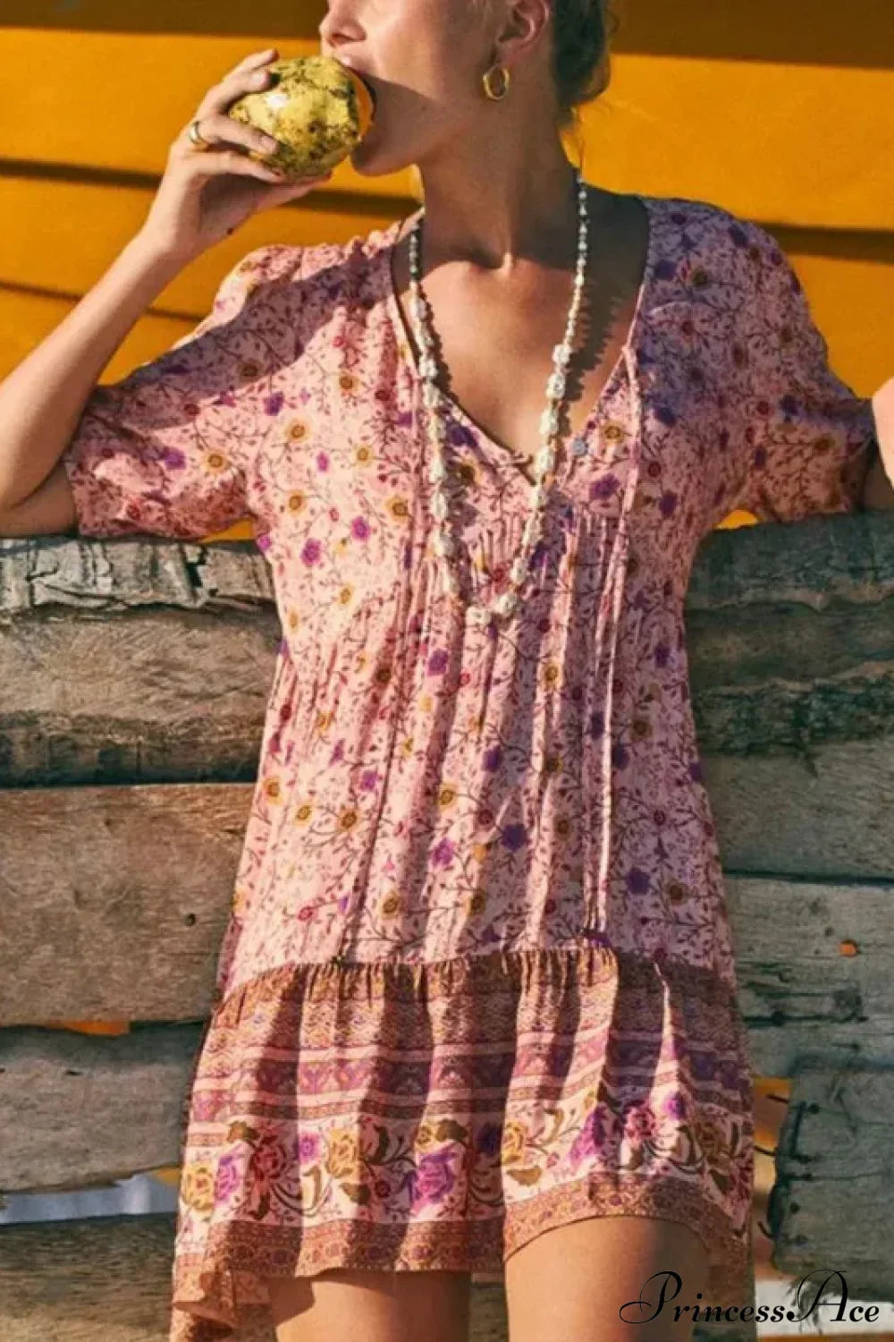 Pink Floral Print Robe A-line Mini Dress Women Beach Boho Summer Dress
