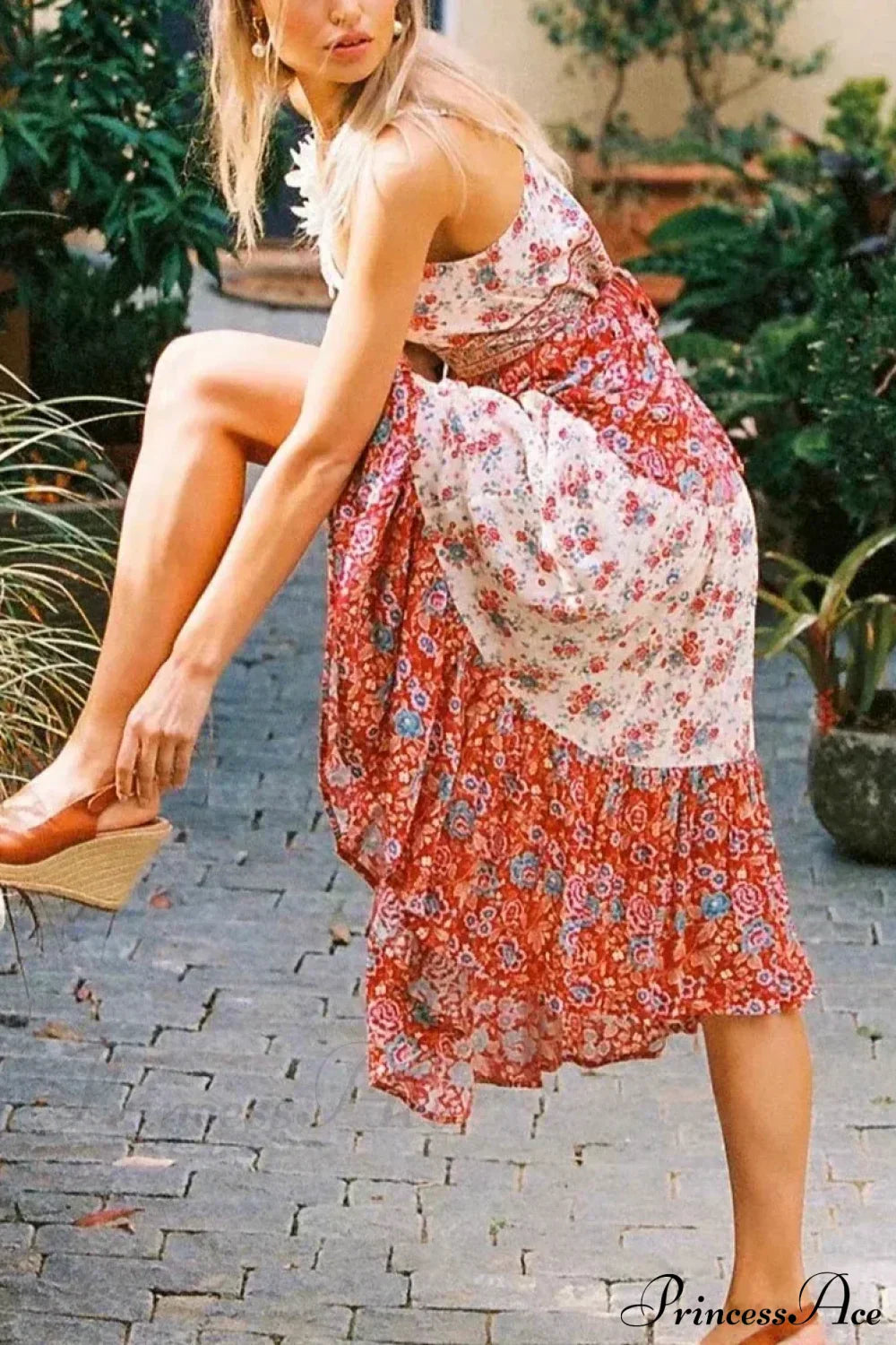 Pink Floral Print Sleeveless Strap Rayon Summer Maxi Boho Dress